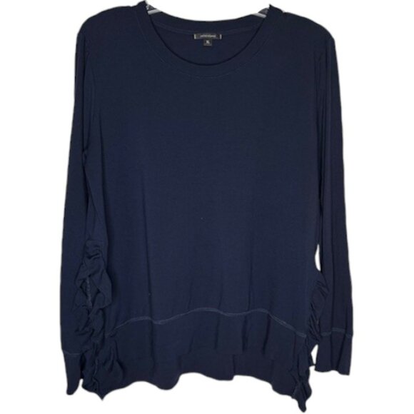 Stella & Dot Long Sleeved Crew Neckline Split Side Ruffled Top - Navy Blue - L - Picture 2 of 10